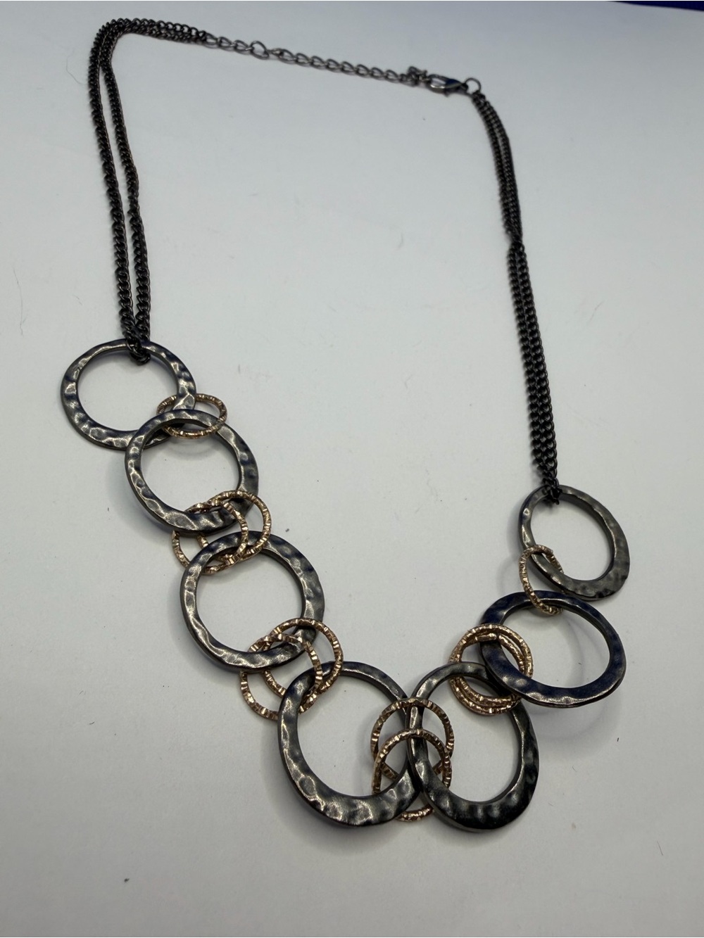 Mixed Metal Hammered Circle Statement Necklace Silver Gold Tone Layered Chain - Picture 2 of 4